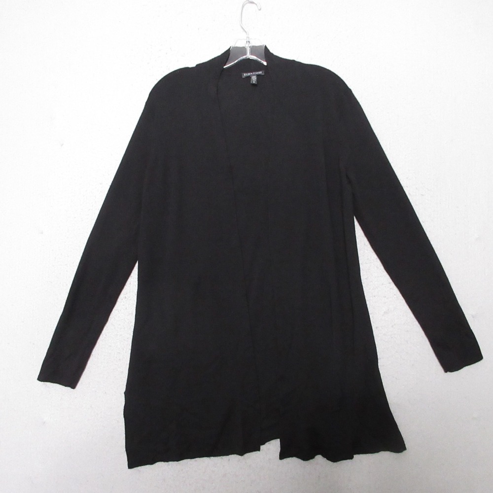 Eileen Fisher Cardigan Small Black Open Front Superfine Merino Wool Long Line